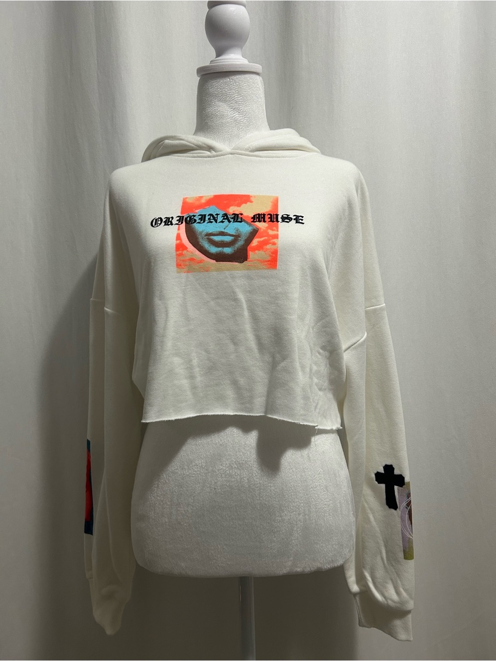 Original Use White Cropped Graphic Hoodie with Neon Accent